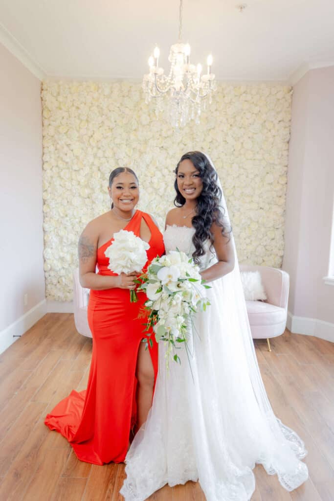 bride and bridesmaid red dress houston