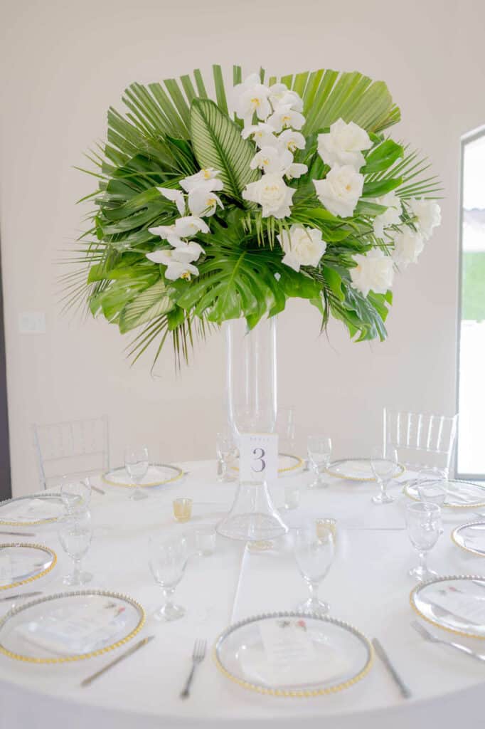 tropical white centerpiece wedding