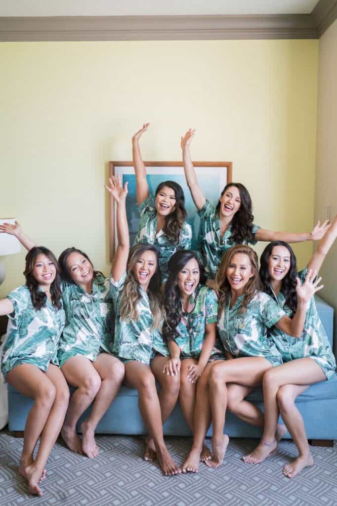 bride's getting ready in tropical robes