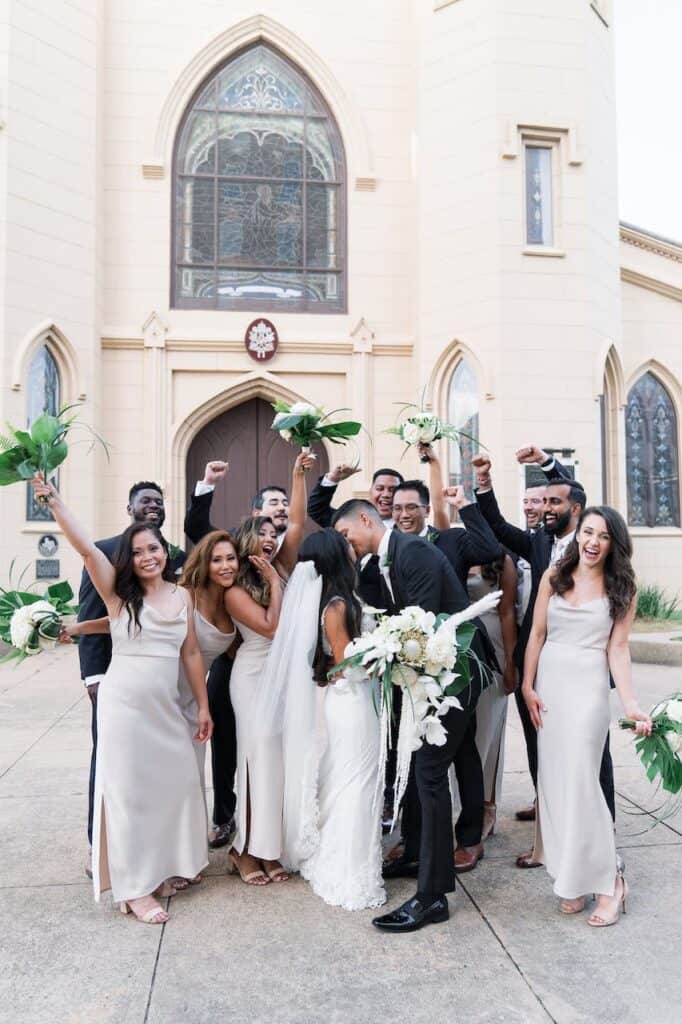 bridal party with bride and groom