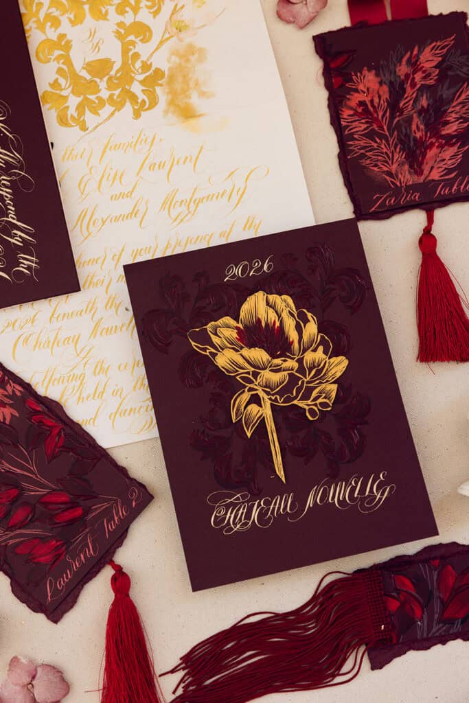 Burgundy and ivory French chateau wedding editorial at Chateau Nouvelle, designed by Épris Events – photo by Emily Snyder Photography