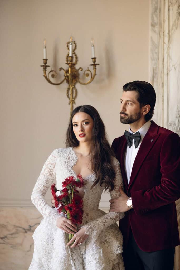Burgundy and ivory French chateau wedding editorial at Chateau Nouvelle, designed by Épris Events – photo by Emily Snyder Photography