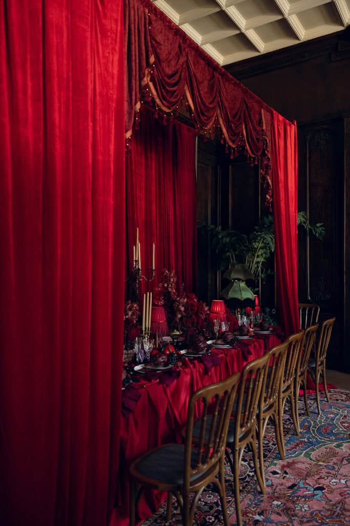 Burgundy and ivory French chateau wedding editorial at Chateau Nouvelle, designed by Épris Events – photo by Emily Snyder Photography