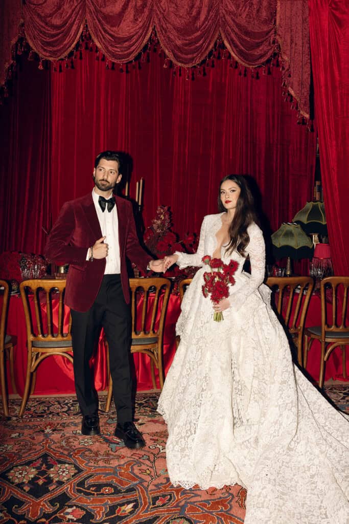 Burgundy and ivory French chateau wedding editorial at Chateau Nouvelle, designed by Épris Events – photo by Emily Snyder Photography