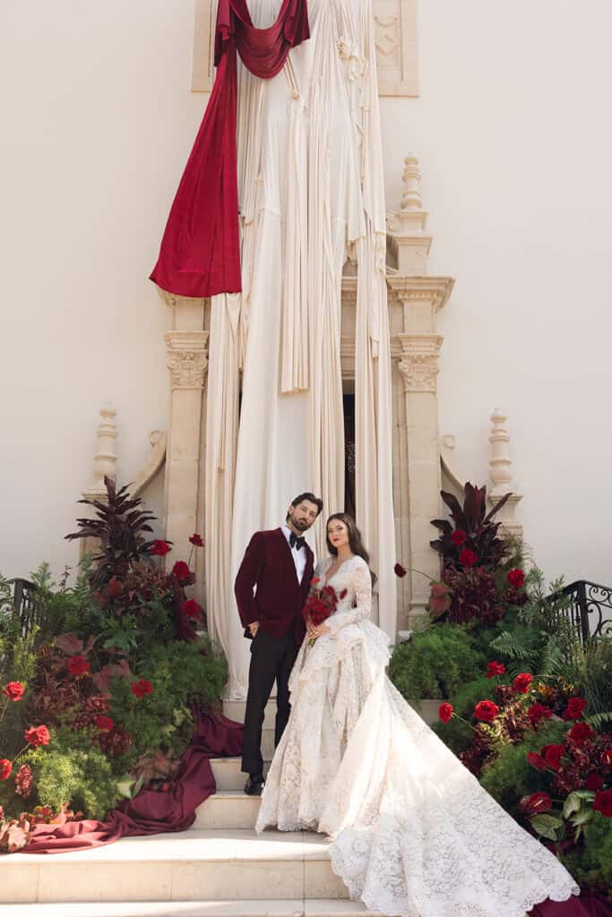 Burgundy and ivory French chateau wedding editorial at Chateau Nouvelle, designed by Épris Events – photo by Emily Snyder Photography