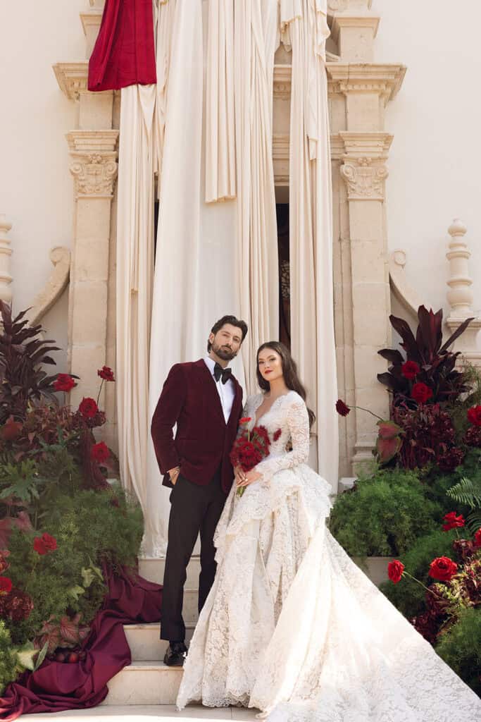 Burgundy and ivory French chateau wedding editorial at Chateau Nouvelle, designed by Épris Events – photo by Emily Snyder Photography