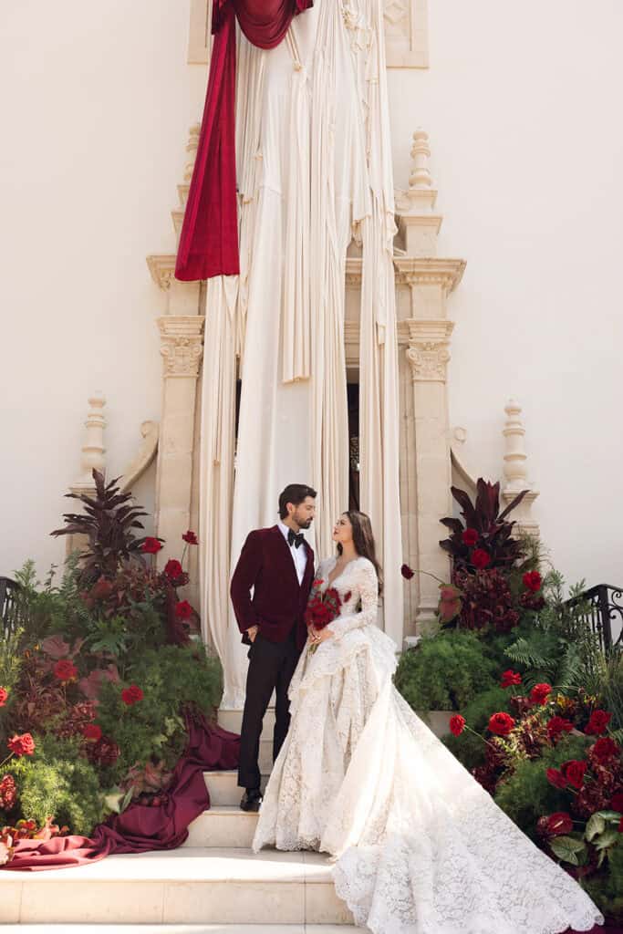 Burgundy and ivory French chateau wedding editorial at Chateau Nouvelle, designed by Épris Events – photo by Emily Snyder Photography