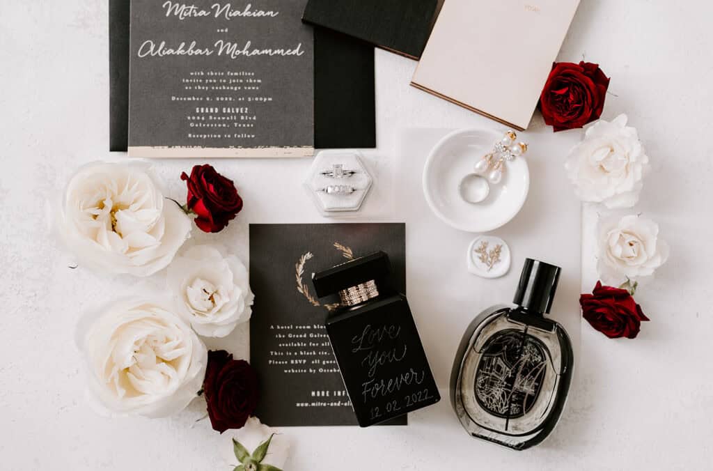 Mitra & Aliakbar black, white and red wedding at the Grand Galvez in Galveston, planned by Épris Events – photo by Erika Geier Photography