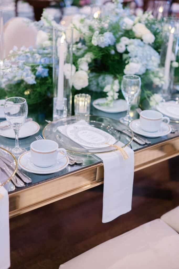 Blue and white garden tea party fundraiser at the Junior League of Houston designed by Épris Events – photo by Blanca Perez