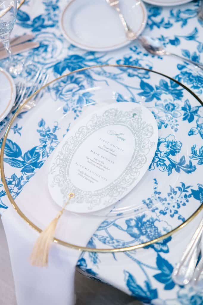 Blue and white garden tea party fundraiser at the Junior League of Houston designed by Épris Events – photo by Blanca Perez