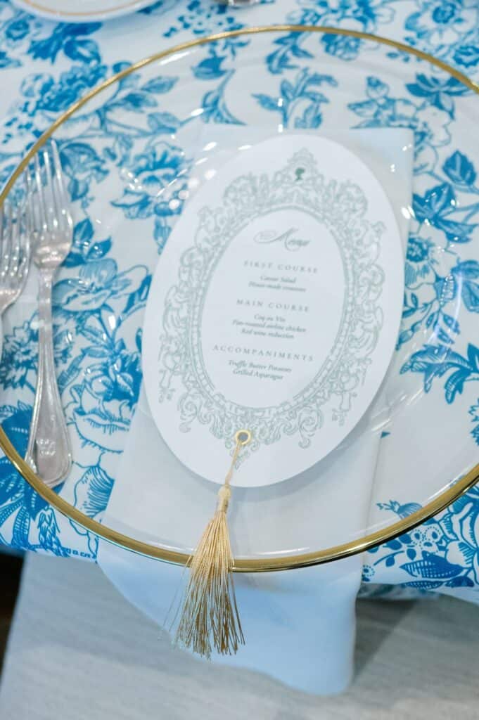Blue and white garden tea party fundraiser at the Junior League of Houston designed by Épris Events – photo by Blanca Perez