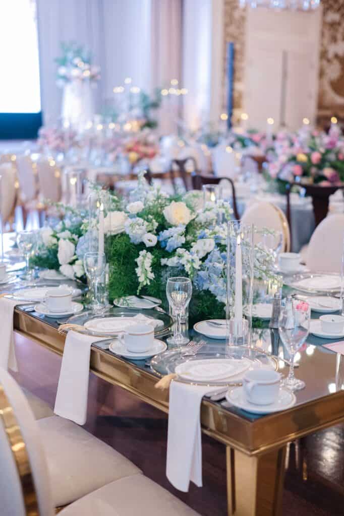 Blue and white garden tea party fundraiser at the Junior League of Houston designed by Épris Events – photo by Blanca Perez